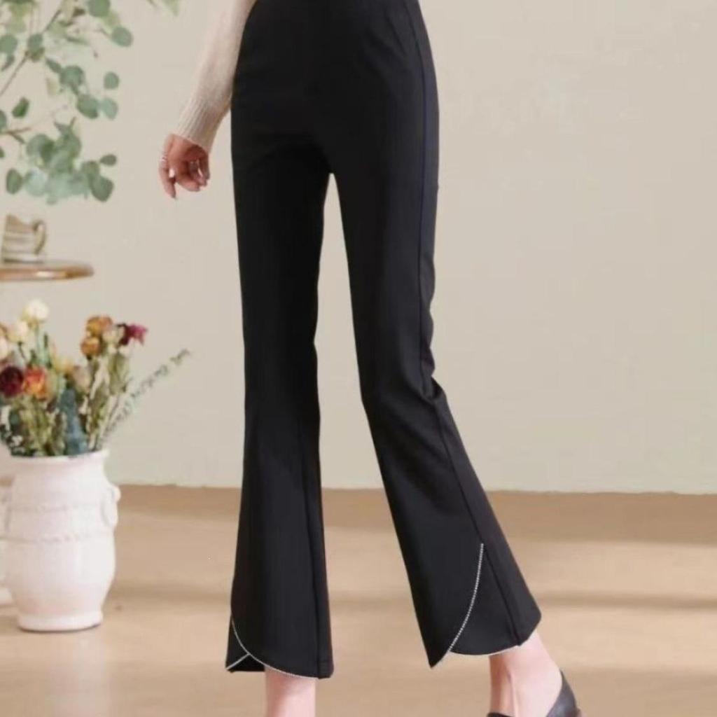 Women's Black High-Waisted Micro-Flare Pants: Slimming, Elastic, Petite, Nine-Point Length, New Summer Arrival