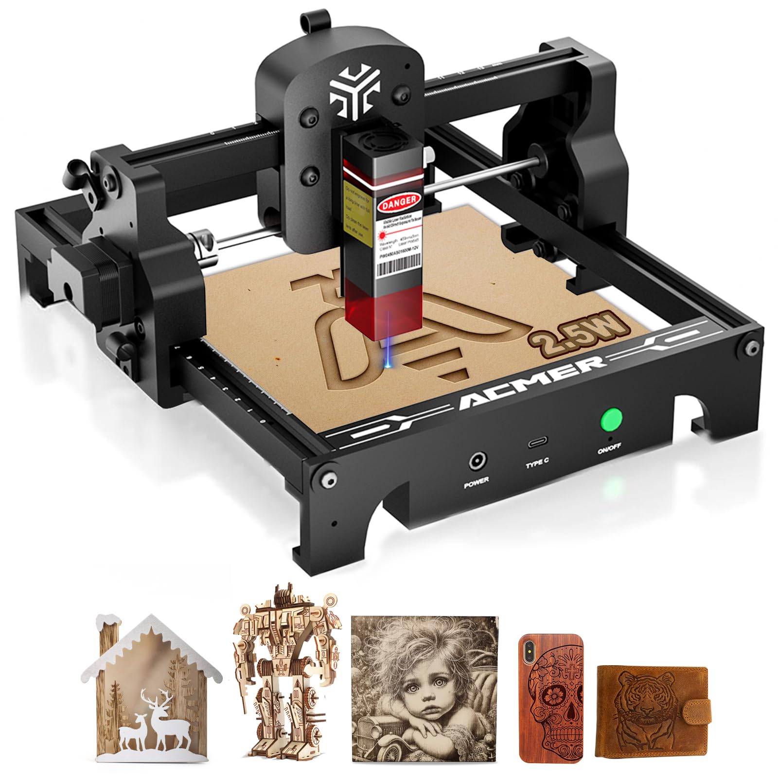 

ACMER S1 Лазерний гравер 2500 мВт Початківець Високоточний Міні гравер Сумісний з LightBurn Для лазерної обробки Робочої зони чорний