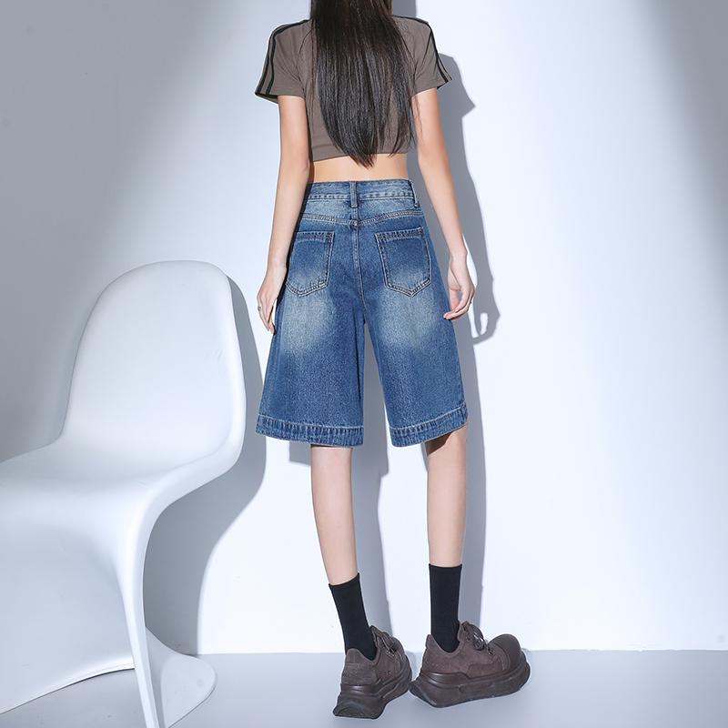 High Waist Black Retro Washed Denim Shorts Women'S Harajuku Vintage Fashion Casual Loose Y2K Streetwear Mid Long  Wide Leg Pants