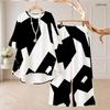 Women Plus Size Black White Printed Round Neck High Low Top And Long Pants Two Piece Set