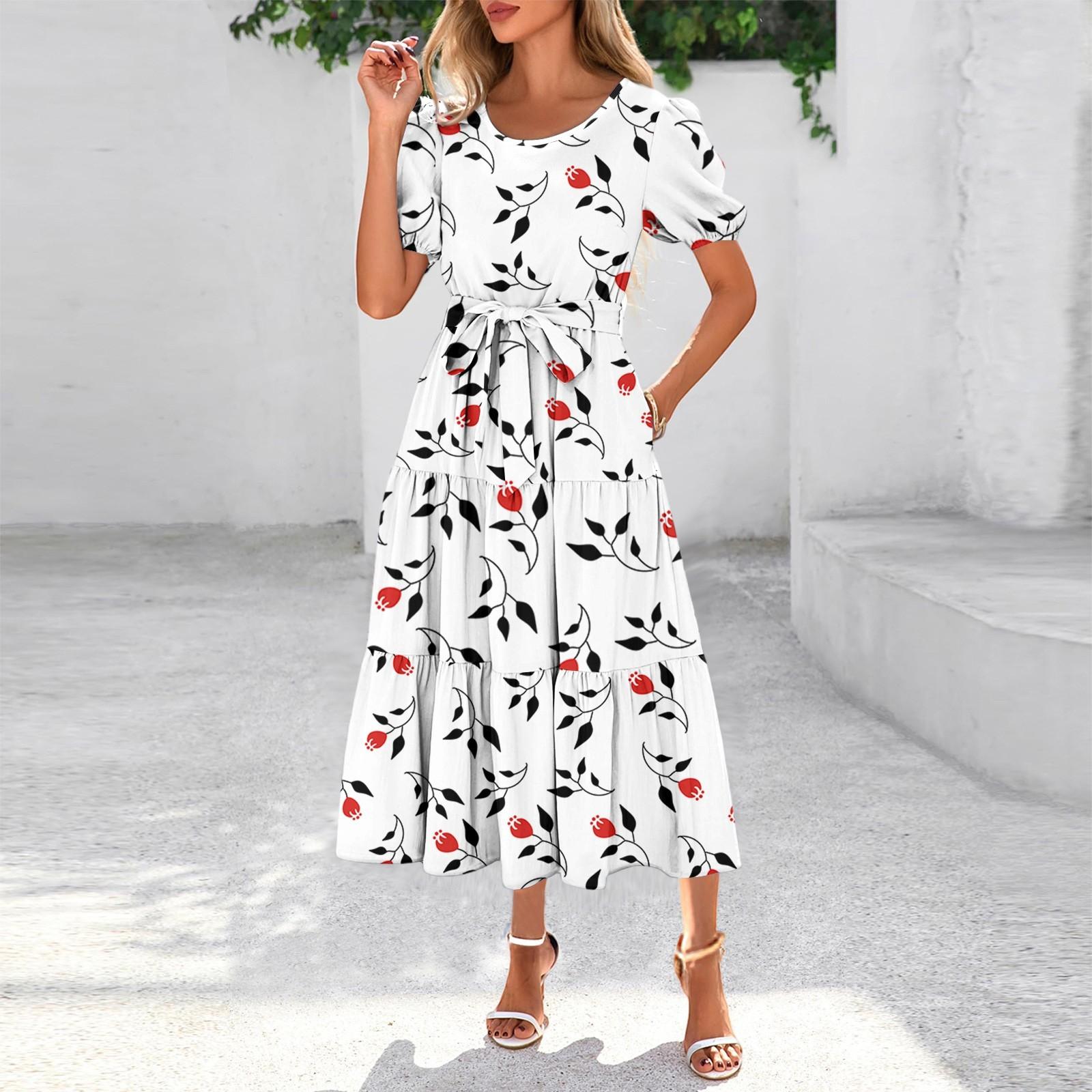 

Женское летнее платье макси с коротким рукавом, круглым вырезом, поясом и карманами в стиле бохо с струящейся отделкой M белый