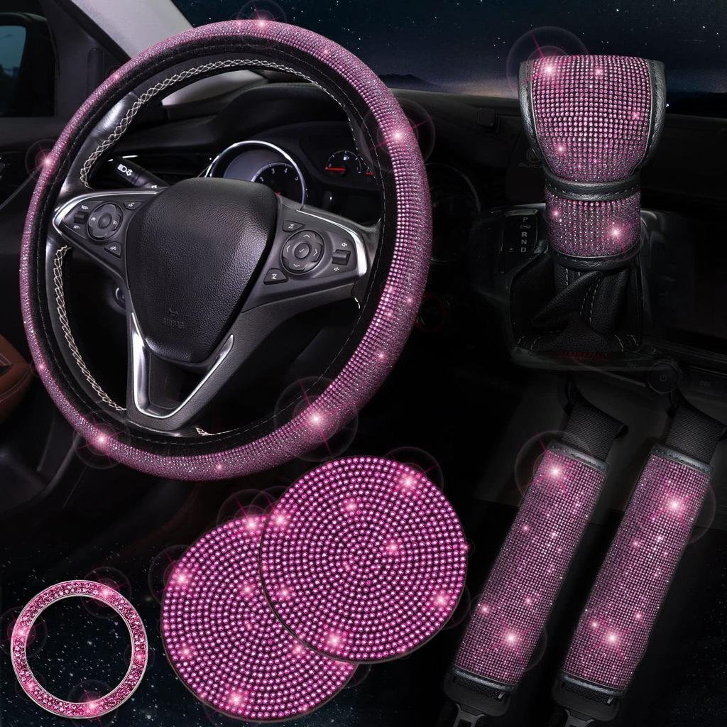 7Pcs/Set Shiny Rhinestones Car Steering Wheel Safety Belt Shifter Cover Cup Mat Start Button Ring Kit