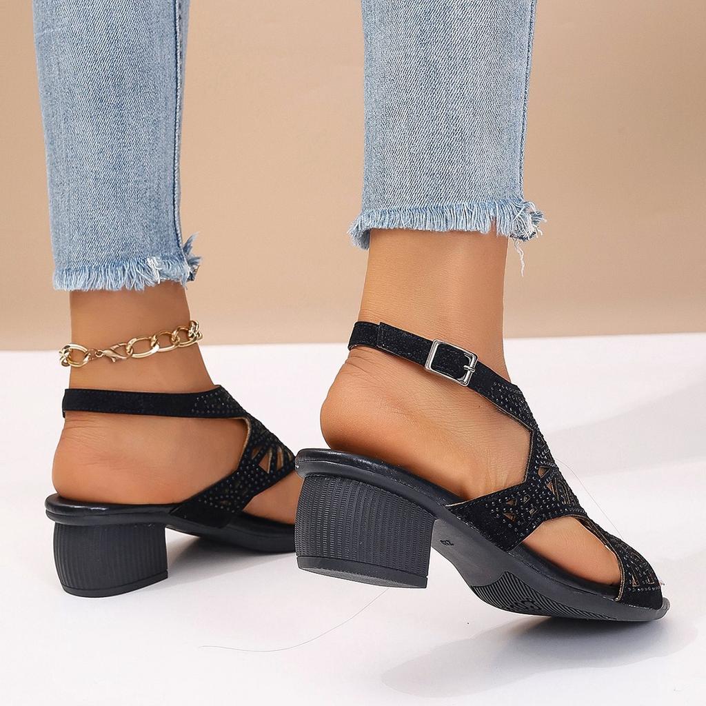 Summer Women's Shoes Thick Heel Rhinestone Shoes Hollow Fish Mouth High Heel Sandals Women