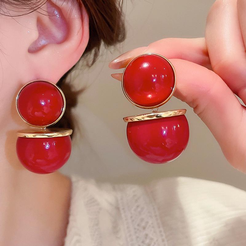 Red Bow Coin Purse Earrings: Silver Needle Retro Snake Lock Studs, New Year High-End Ear Jewelry.