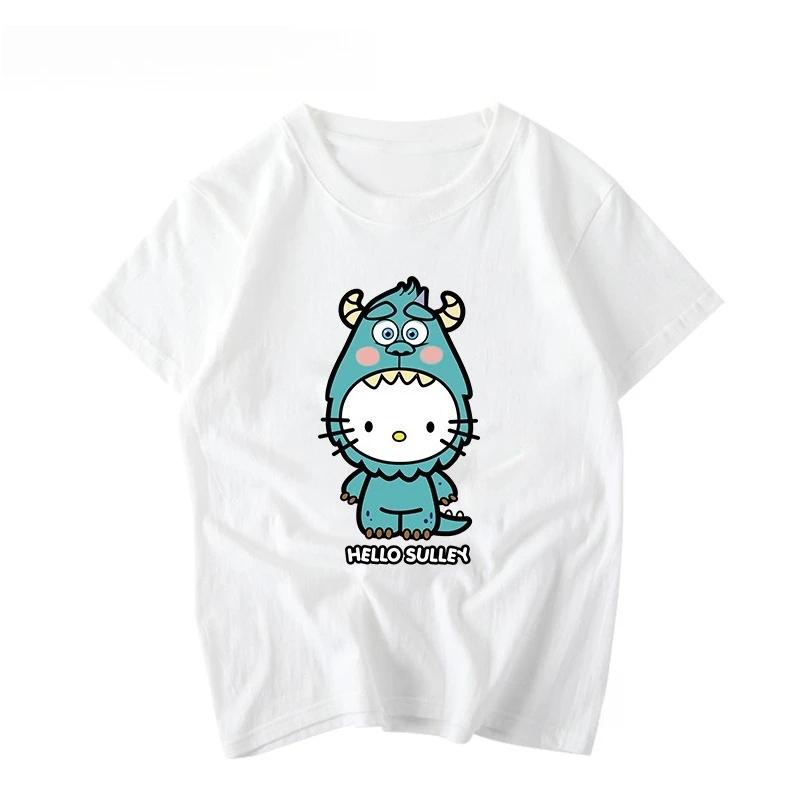 Summer 2026 New Childrens Tshirt Hello Kitty Graffiti Cartoon Print Pure Cotton Breathable Parentchild Fashion Short Sleeve