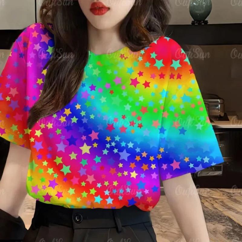 Zomer Heet Verkopen Sprankelende Ster 3D Geprinte Korte Mouw Dames Trendy Mode Ronde Hals T-shirt Top
