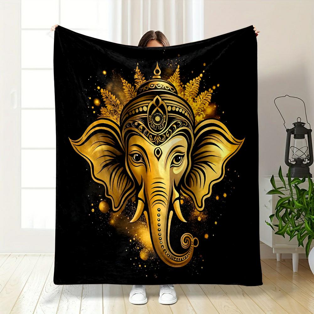 Golden Elephant Head On Black BackgroundFlannel Blanket for Bedroom, Living Room, Sofa, and Nap