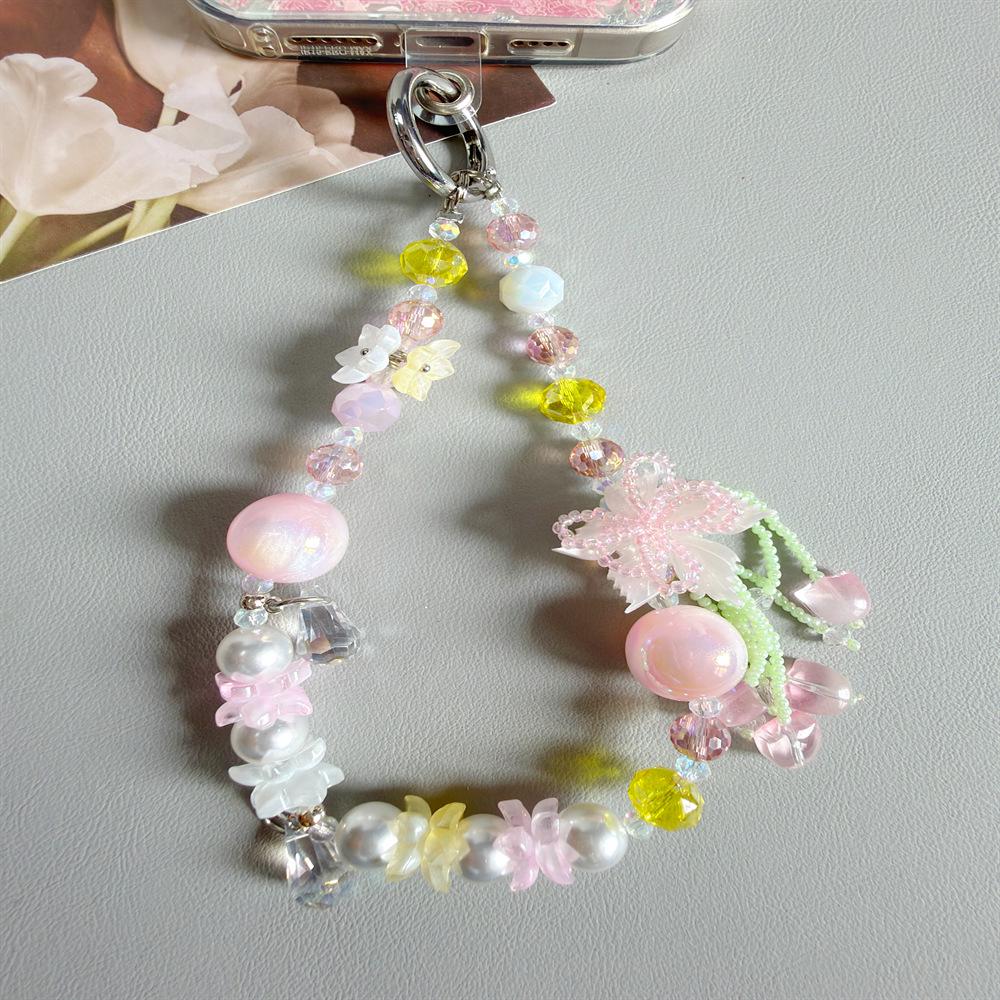 Handmade Fresh Flower Crystal Beaded Phone Wrist Lanyard & Keychain