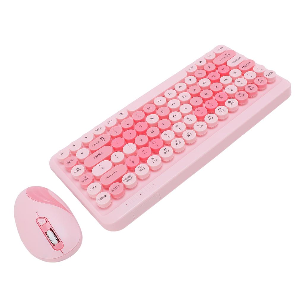 Tastatură și Mouse Wireless 2.4G Tastatură cu Taste Rotunde Retro și Set Mouse pentru Acasă Roz