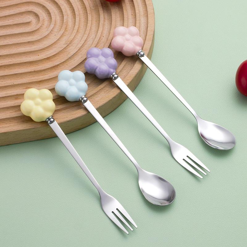 Cute flower stainless steel spoon and fork household student creative ceramic handle dessert coffee spoon fruit fork