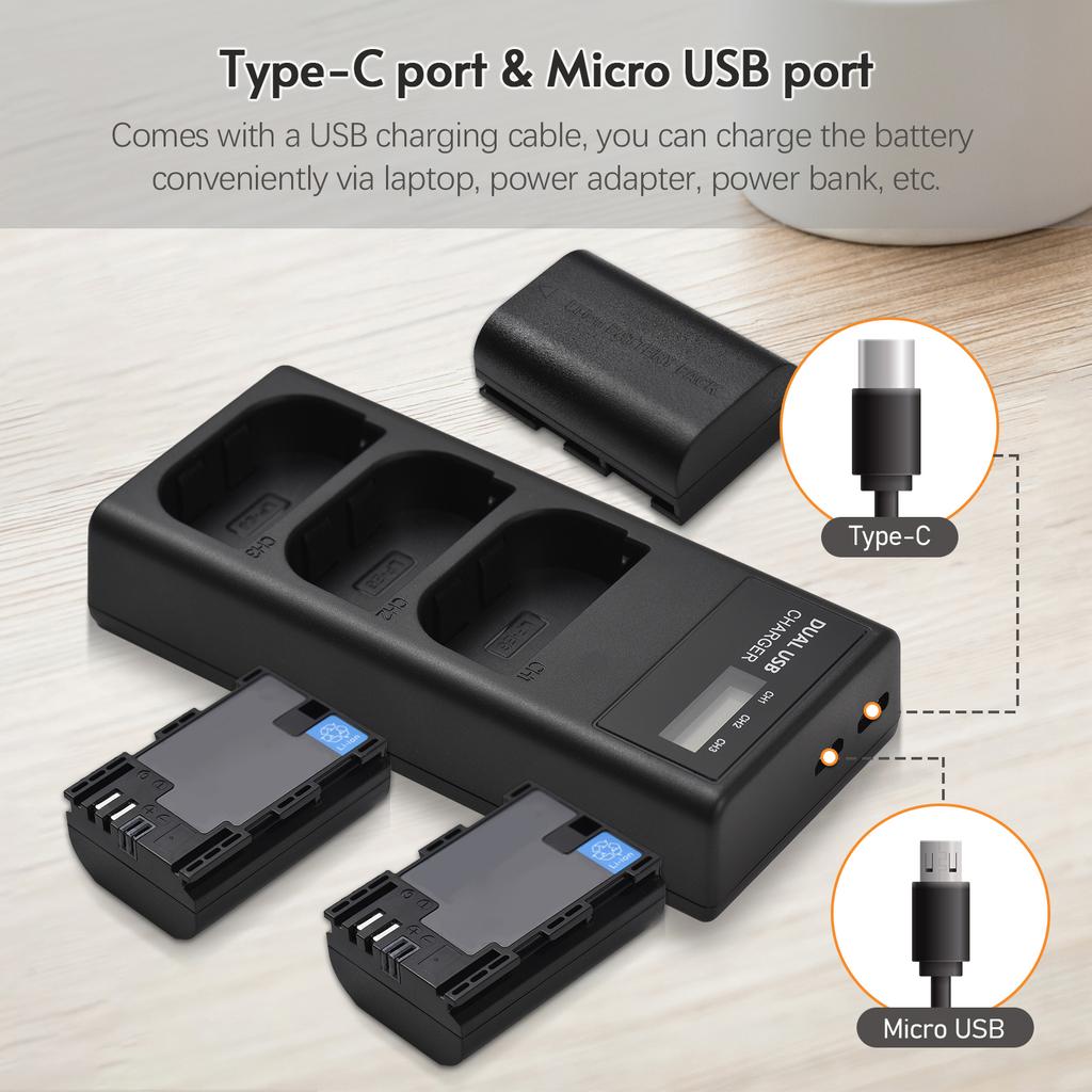 LP E6 Battery Charger 3 Slot Charger with LED Indicators Micro USB & Type C Port + 3pcs LP E6 Batteries 7.4V 2650mAh