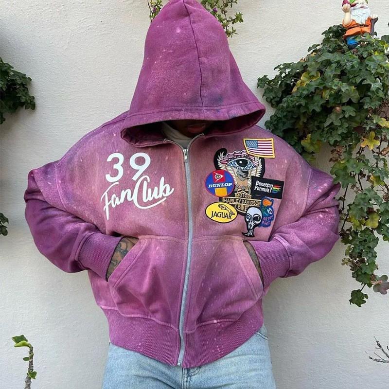 Womens Oversized Hooded Zip-Up Sweatshirt Streetwear Loose Fit Casual Long Sleeve Top In Green Blue Purple