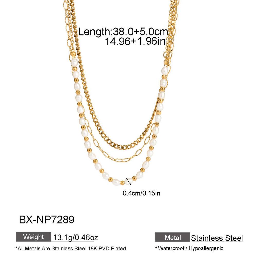 18K Gold European Pearl Necklace: Multi-Layer Titanium Steel Sweater Chain with Natural Pearls