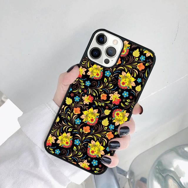Khokhloma Russian Pattern Flower Phone Case For iPhone 17 Air 15 16 14 11 12 13 Pro MAX Plus