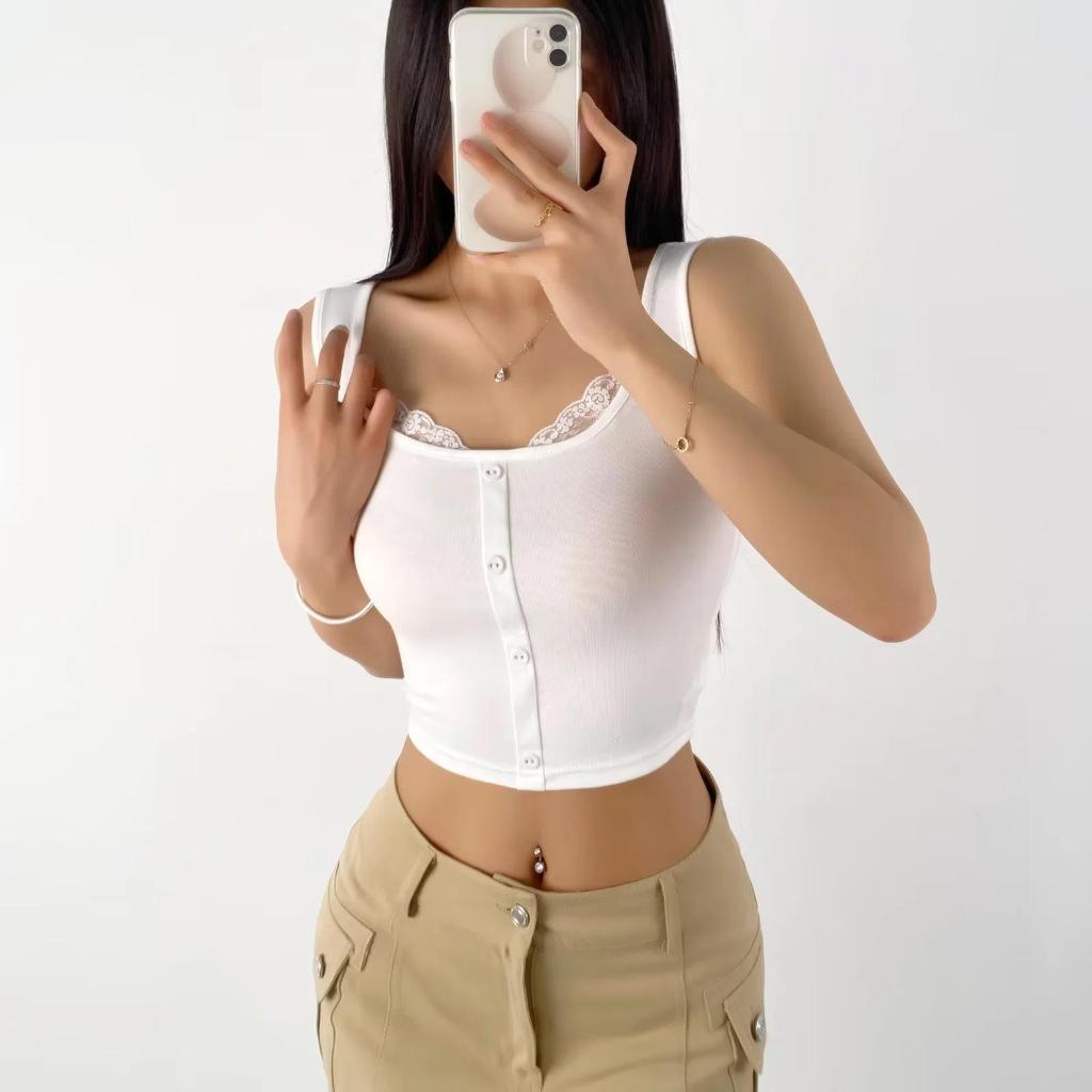 2024 Summer Lace Camisole Crop Top - Women's Sleeveless Round Neck Two-Piece Design