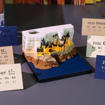 Haushalt Büro Magisches Schloss Wöchentlicher Kalender Mit LED-Leuchten 3D Papierbastel Notizbuch Schreibtischdekoration Zierliches Papierornament