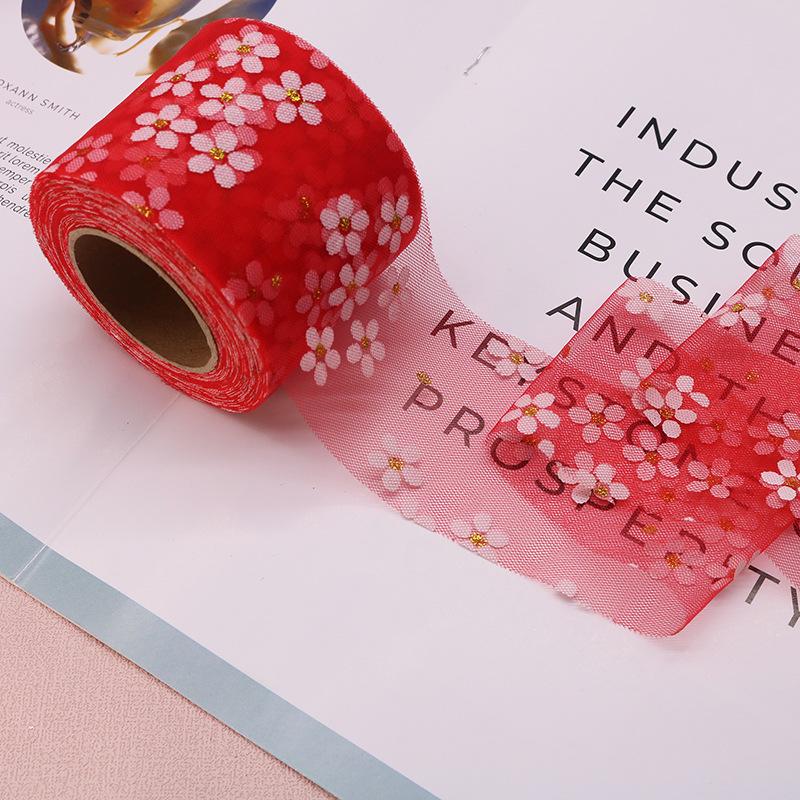 6cm Width 25Yards Daisy Tulle Ribbon Mesh Roll DIY Handmade Hair Decoration Baking Party Wedding Printed Mesh Fabric Supplies