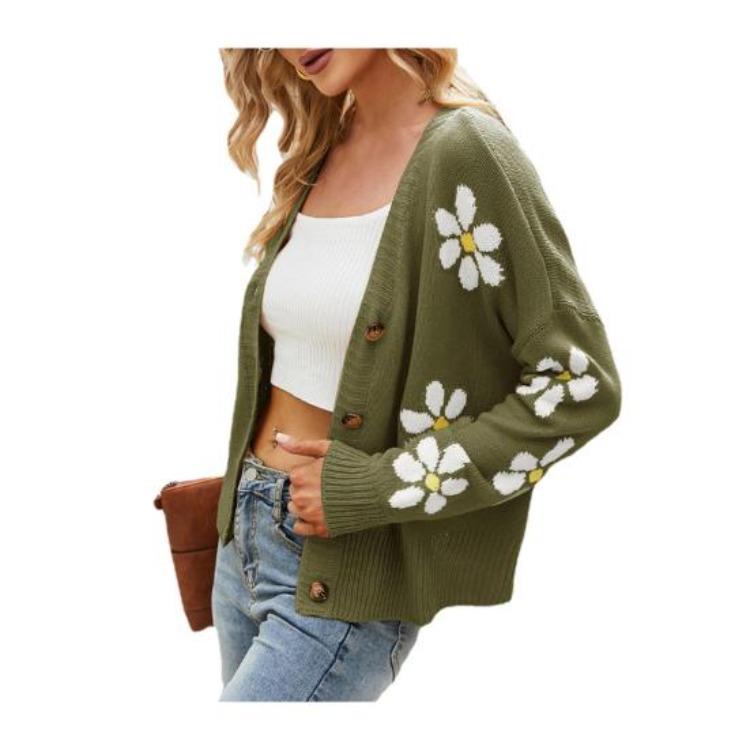 V Neck Floral Pattern Knitwear Cardigan Women Long Sleeve Button Placket Knitting Coat Sweater Jacket
