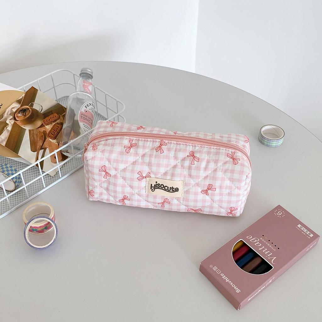 Plaid Bow Makeup and Pencil Case - Stylish and Portable Toiletry and Storage Bag for Students