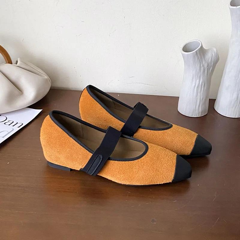Fashion Cute Mixed Color Fauxe Suede Mary Jane Shoes Women Internal Height Increase Design Flats Elastic Strap Ballet Shoes for Women