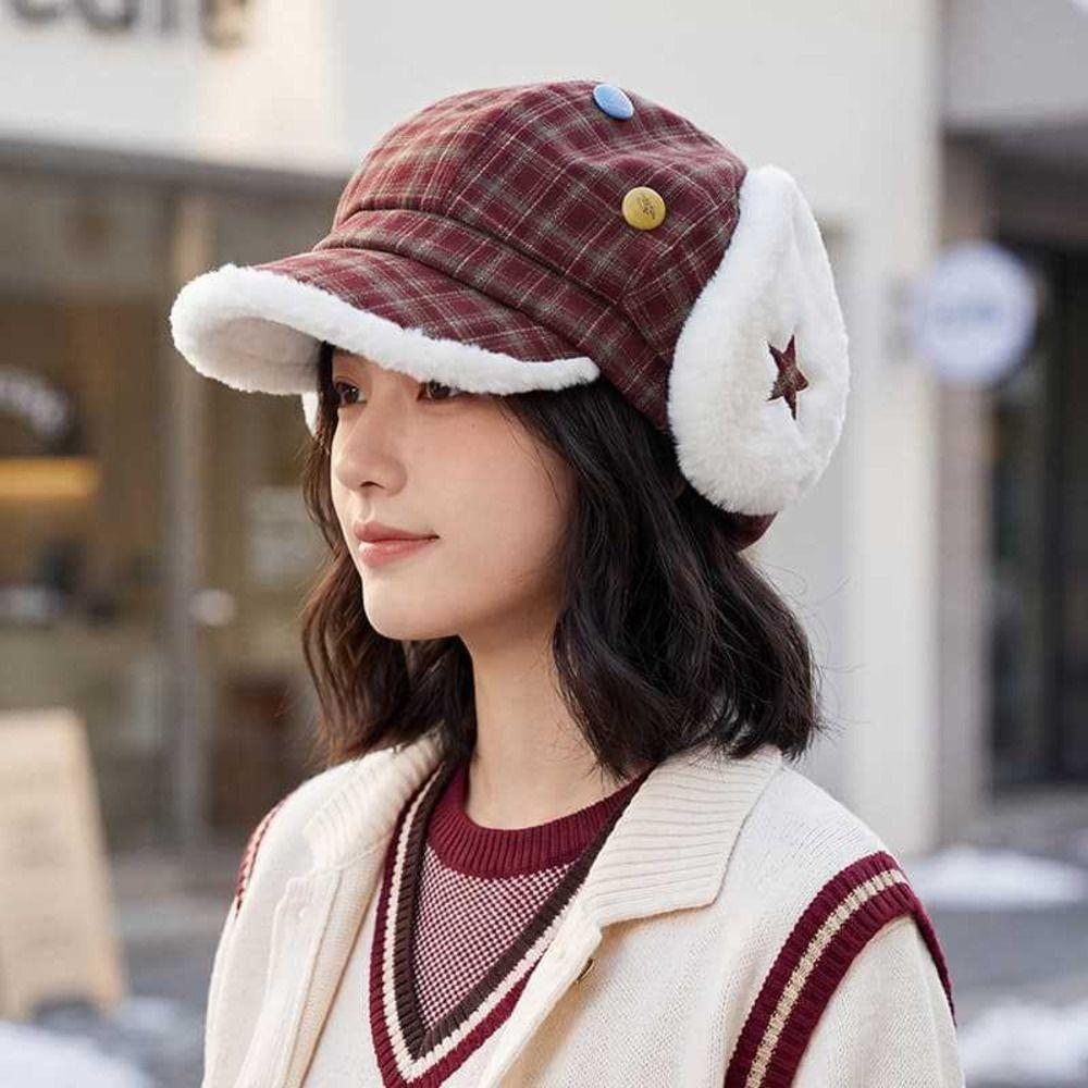 Sweet Winter Fleece Lined Hat Earflap Windproof Newsboy Cap Cute Plaid Octagonal Hat For Women