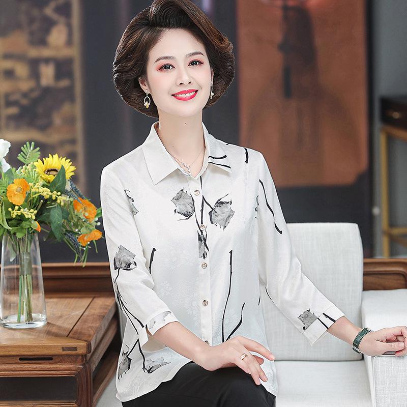 Silk Floral Three-Quarter Sleeve Shirt for Middle-Aged Women