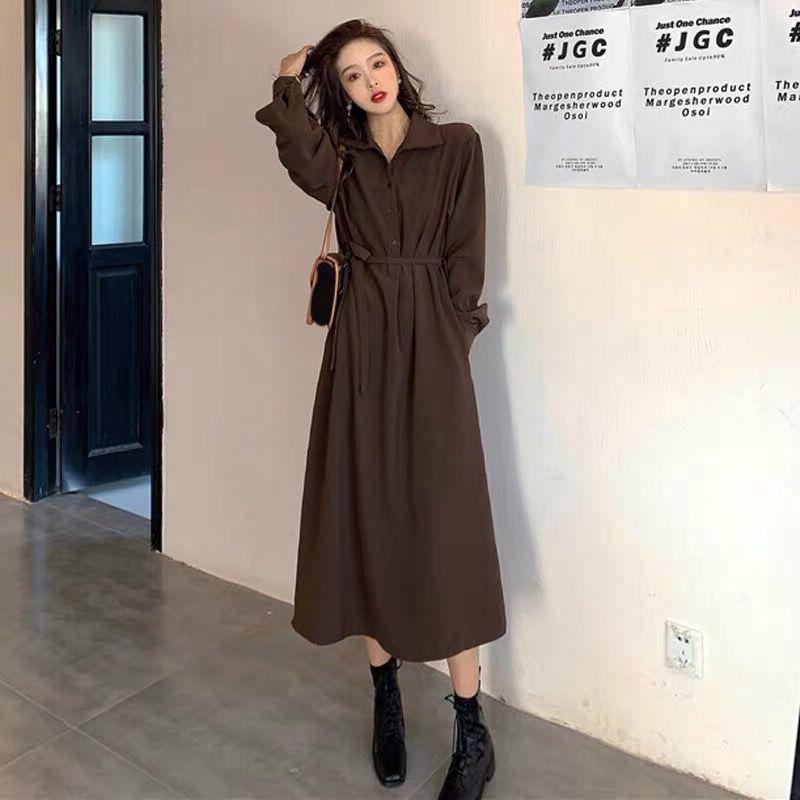 Hepburn Style Black Waist-Cinching Slim Long Dress - Classic Versatile Autumn/Winter Korean Shirt Collar Dress for Women