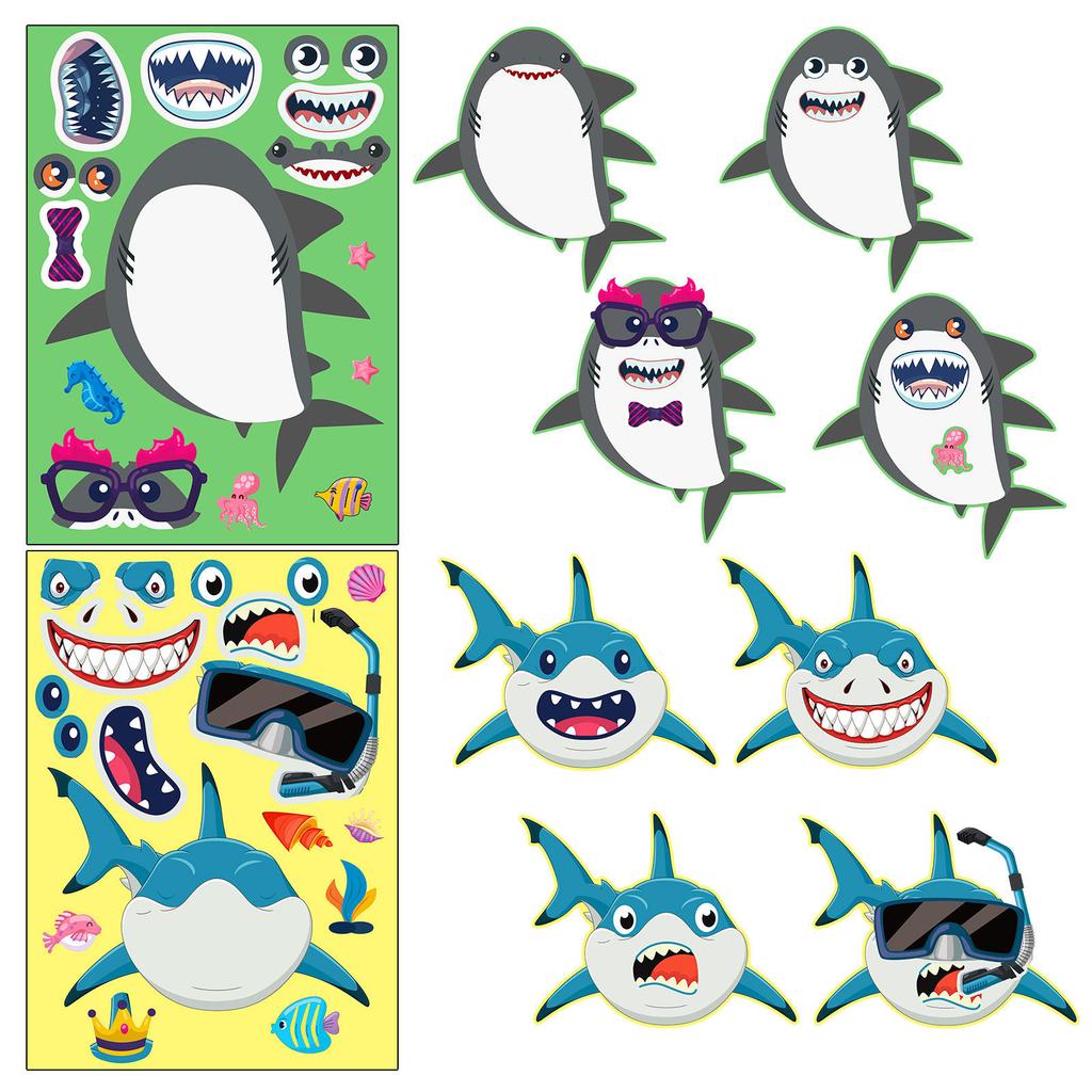 6 Stück/Packung Hai-Gesichts-Tausch-Puzzle-Aufkleber, DIY-Persönlichkeitsaufkleber, Meereslebewesen-Aufkleber