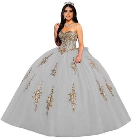 Gold Lace Applique Adult Dress Fluffy Strapless Tube Top Tulle Ball Dress Glitter Princess Dress Dress