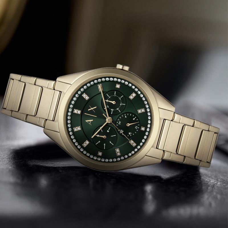 Armani Exchange AE Armbanduhr Quarzwerk Edelstahlarmband Grünes Zifferblatt Damenuhr AX5661