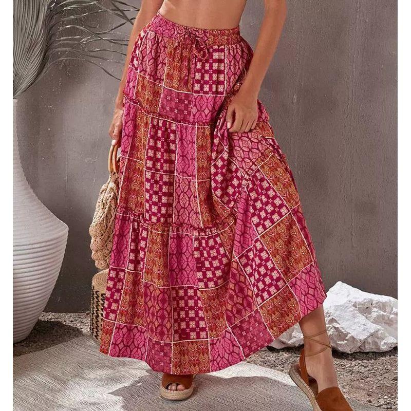 

Ethnic Oversized Elastic High Waist Holiday Beach Skirt Red 3XL