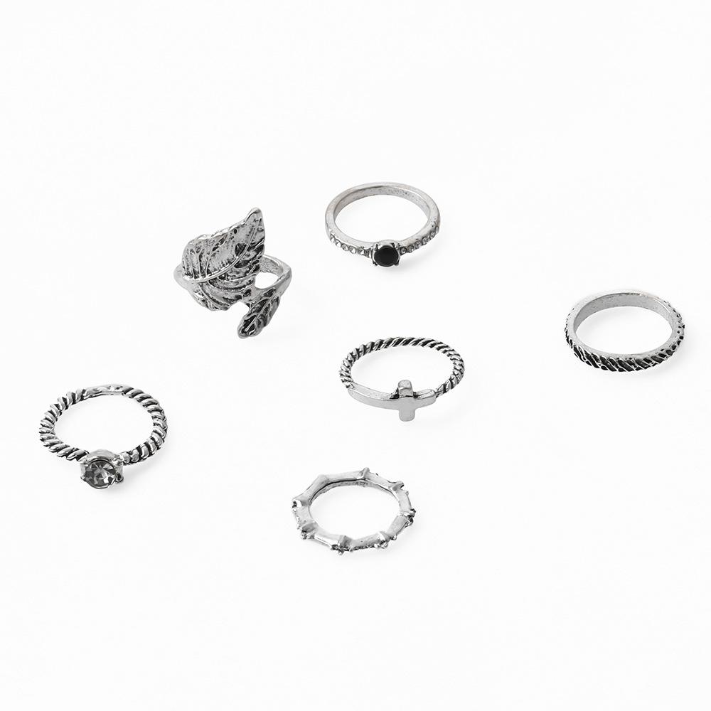 Bohemian 6-Piece Set With Diamond Leaf Ring Open Jewelry Combination