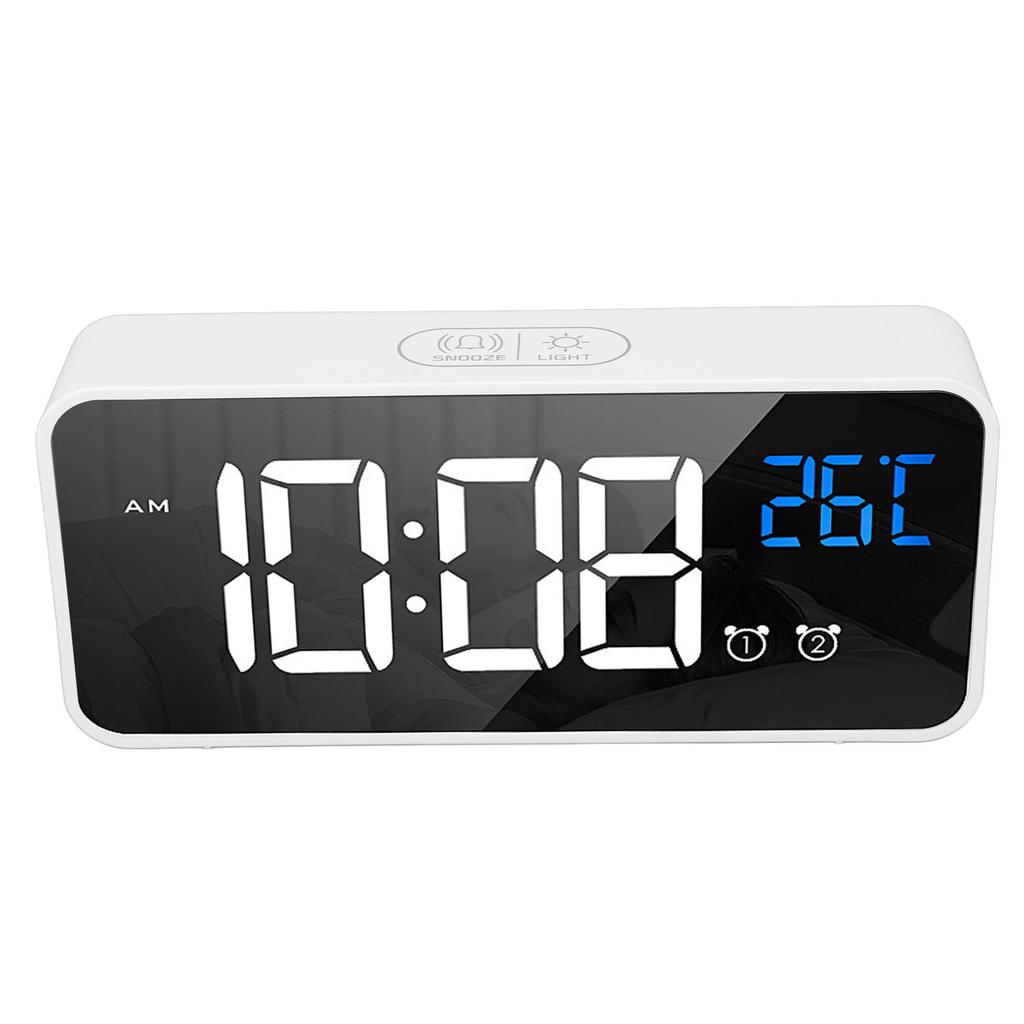 Mirror LED Alarm Clock Two Sets of Alarm Rechargeable Voice Activated Digital Clock for Bedrooms Bedside Desk White