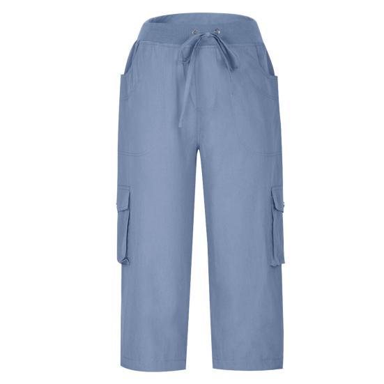 Women Cropped Pants Elastic Waist Adjustable Drawstring Hiking Cargo Pants with Multi