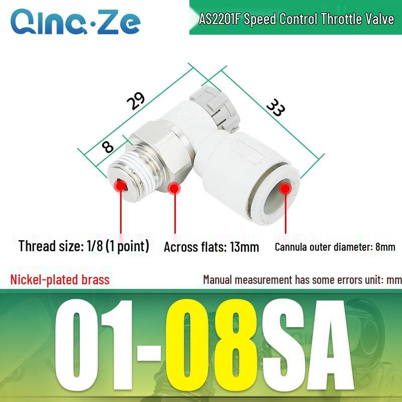 Throttle Speed Control Valve with AS1201F-M5-04A Pneumatic PU Air Hose Connector, Models AS2201F-01-2-06SA/08SA.