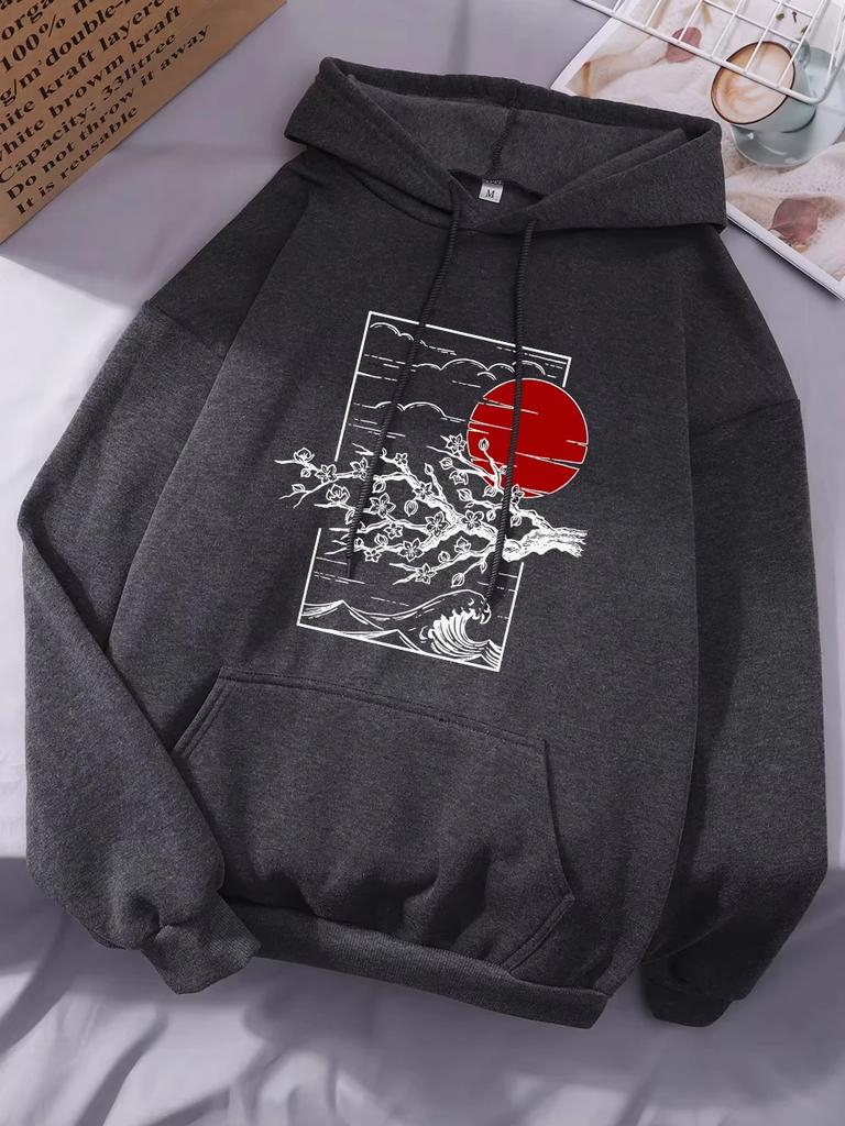 2025 Japanese Cherry Blossoms Printing Hoodies Womens Winter Fleece Warm Sweatshirts Casual Pocket Tops Street Loose Womans