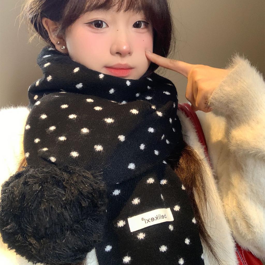 Japanese Soft Waxy Coffee Color Polka Dot Double-layer Hanging Ball Knitted Scarf Women's Autumn and Winter Warm Atmosphere Korean Versatile Scarf
