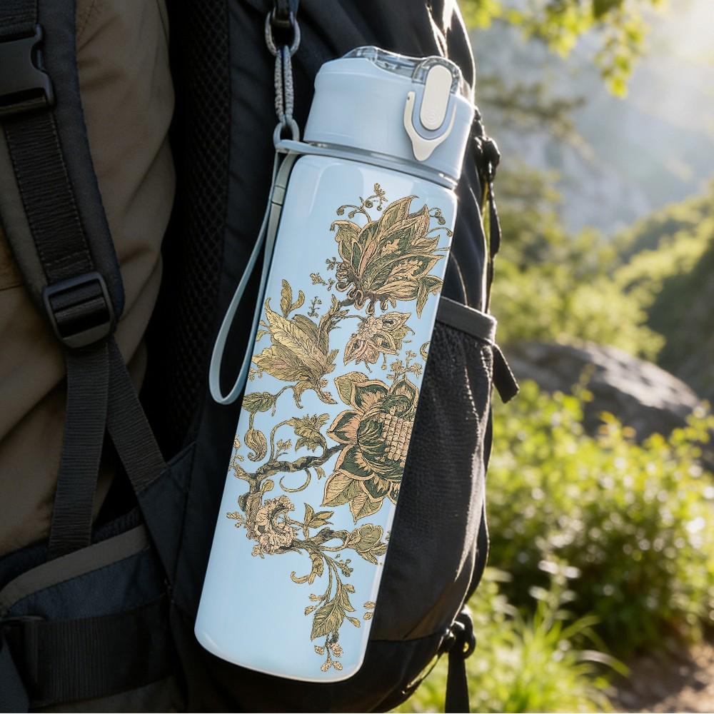 1PC Muted Vintage Botanical Leaf Print 750ml Color Plastic Sports Water Bottle Leakproof Flip Straw Lid Suitable for Sports Office Home Use
