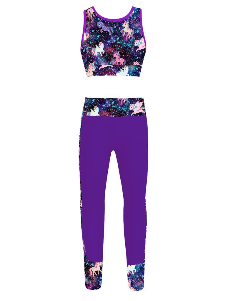 2Pcs Elastic Waistband Long Leggings Pants + Sleeveless Mesh Racer Back Tanks Tops Digital Print Gym Dancewear Outfit