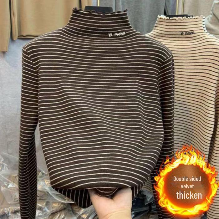 

Женская полосатая бархатная водолазка — теплая, с длинными рукавами, двухсторонняя рубашка для осени/зимы 2024 г. XL кофейный