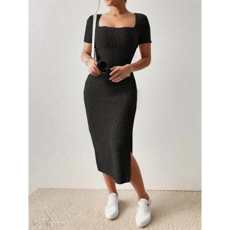 Summer Square Neck, Hip-Hugging Mid-Length Skirt, Short-Sleeved, Versatile Knitted Slit Dress