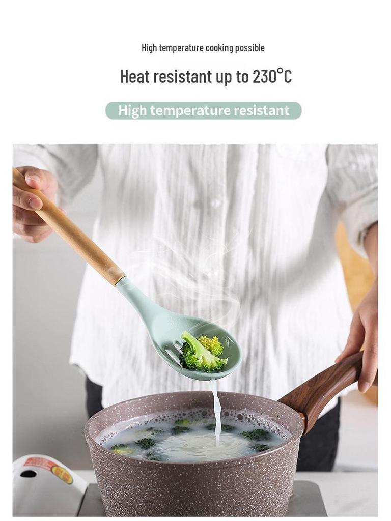 Sada kuchyňského náčiní: 12dílná žáruvzdorná silikonová sada s dřevěnými rukojeťmi a úložným kontejnerem