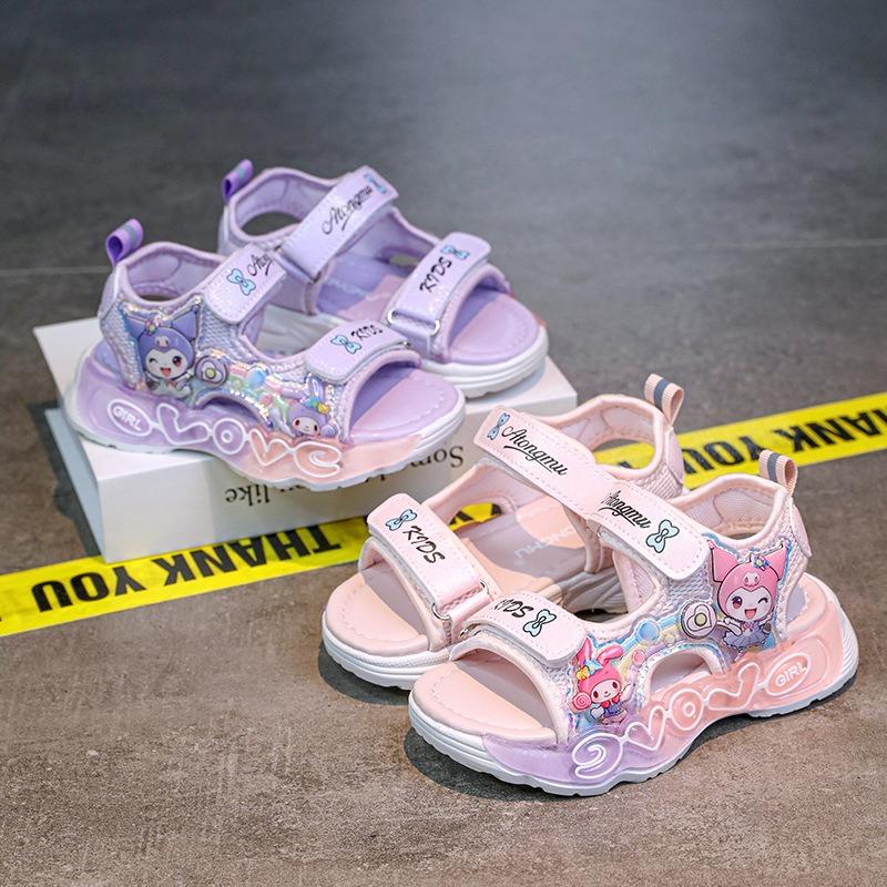 New summer girls princess sandals, kids hook & loop luminous beach shoes