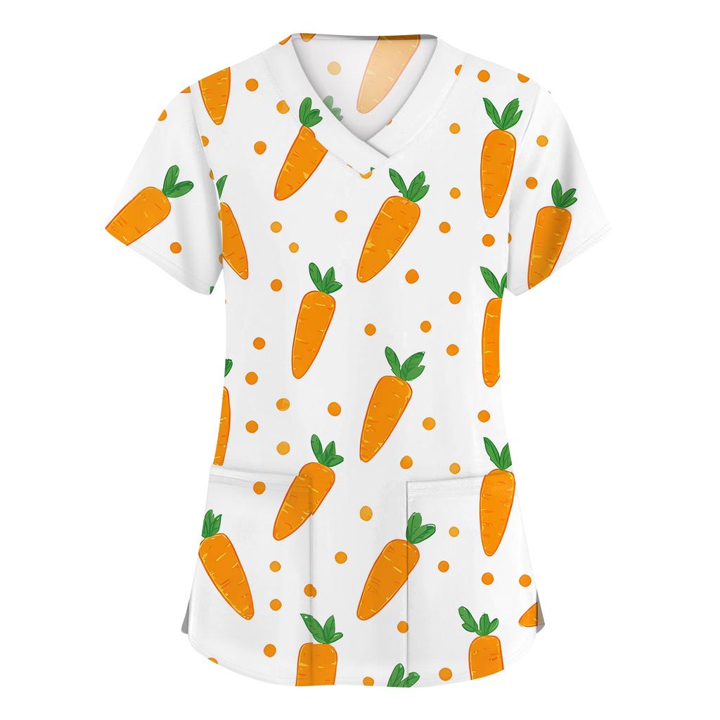 Moda damska Odzież robocza z dekoltem w serek i krótkimi rękawami z kieszeniami Topy z nadrukiem