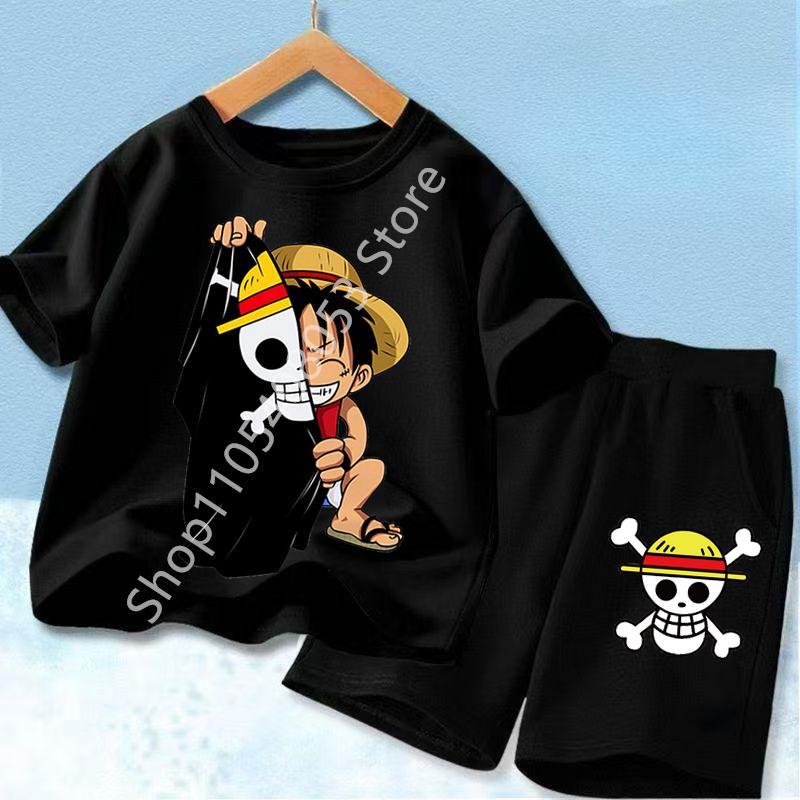 Set di Vestiti Estivi a Maniche Corte Anime Ragazzo Ragazza T-shirt Pantaloncini 2pz Un Pezzo Outfit per Bambini Chopper Luffy Tuta Completo Bambini