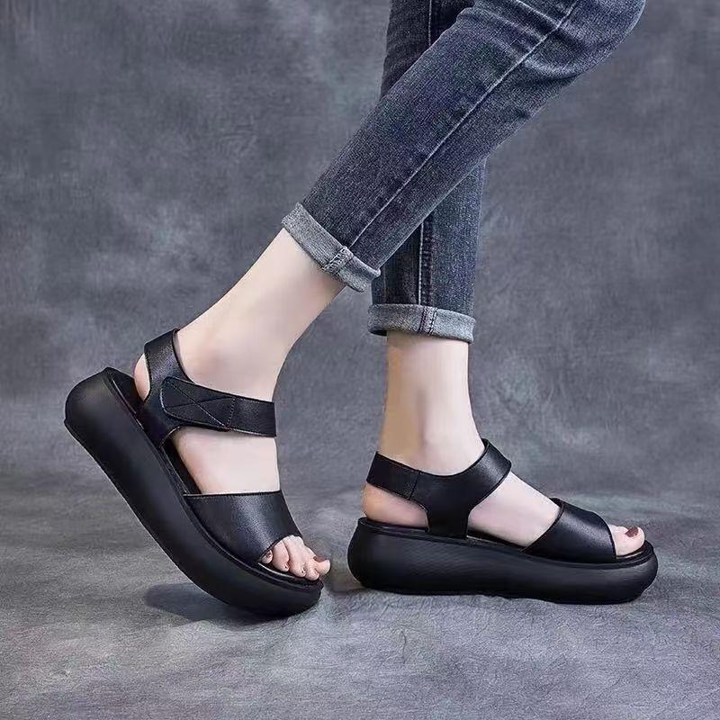 Women's Summer Leather Thick Casual Sports Sandals Open Toe Non Slip Lightweight Velcro Wedges Sandals Outdoor Beach Sandals