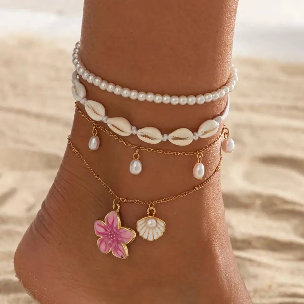 SHIXIN 4Pcs/set Boho Flower Scallop Pendant Anklet Foot Chain Women Charm Imitation Pearl Ankle Beach Vintage Foot Jewelry Gift