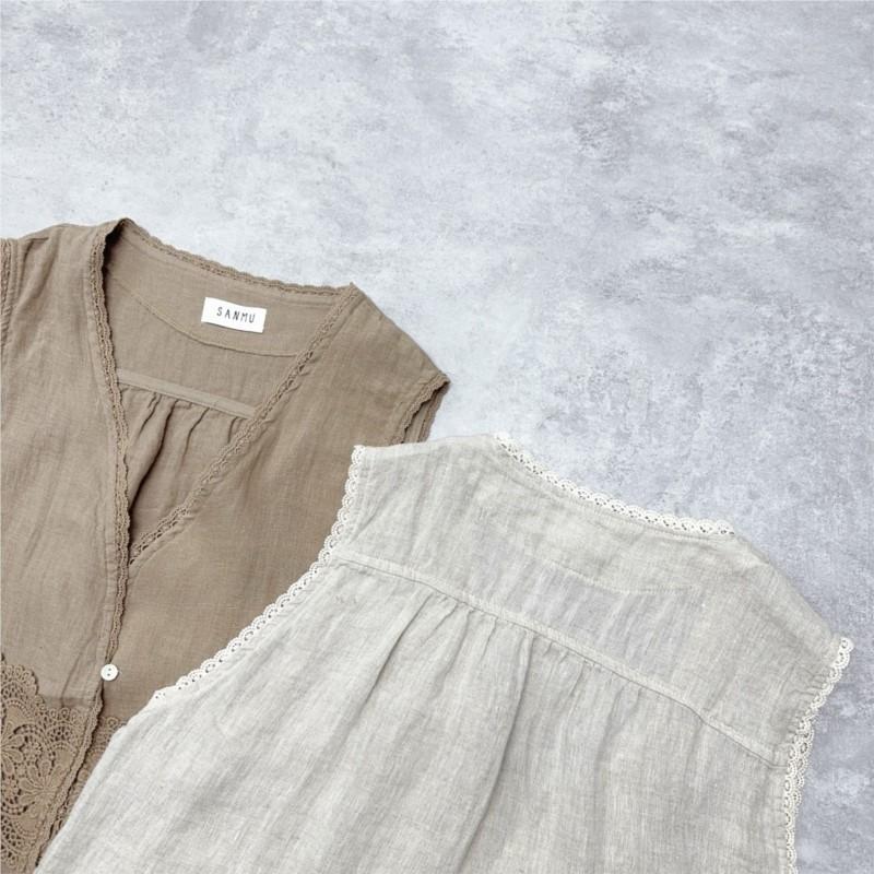Johnature Japanese Heavy Industry Lace Clip Summer V-neck Loose Versatile Casual Tops