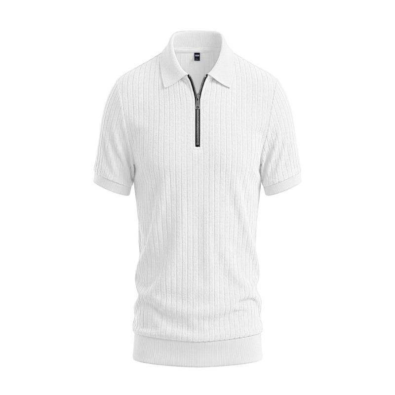 Men Solid Vertical Stripe Half Zip Turn Down Collar Short Sleeve Casual Large Size Polo T Shirt