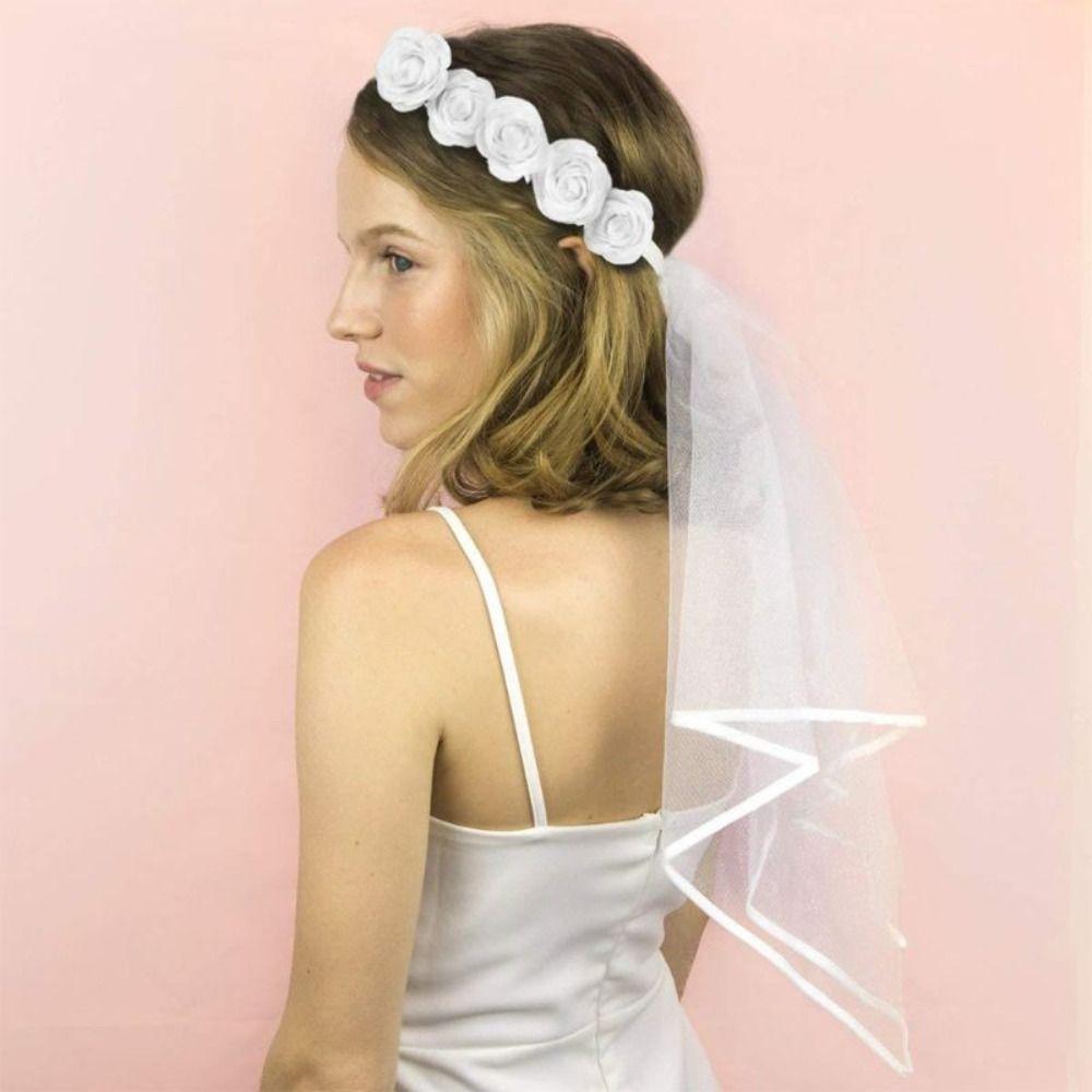 Princess Wedding Photo Bridal Veil Artificial Flower Wreath Headband Lace Up Party Accessory